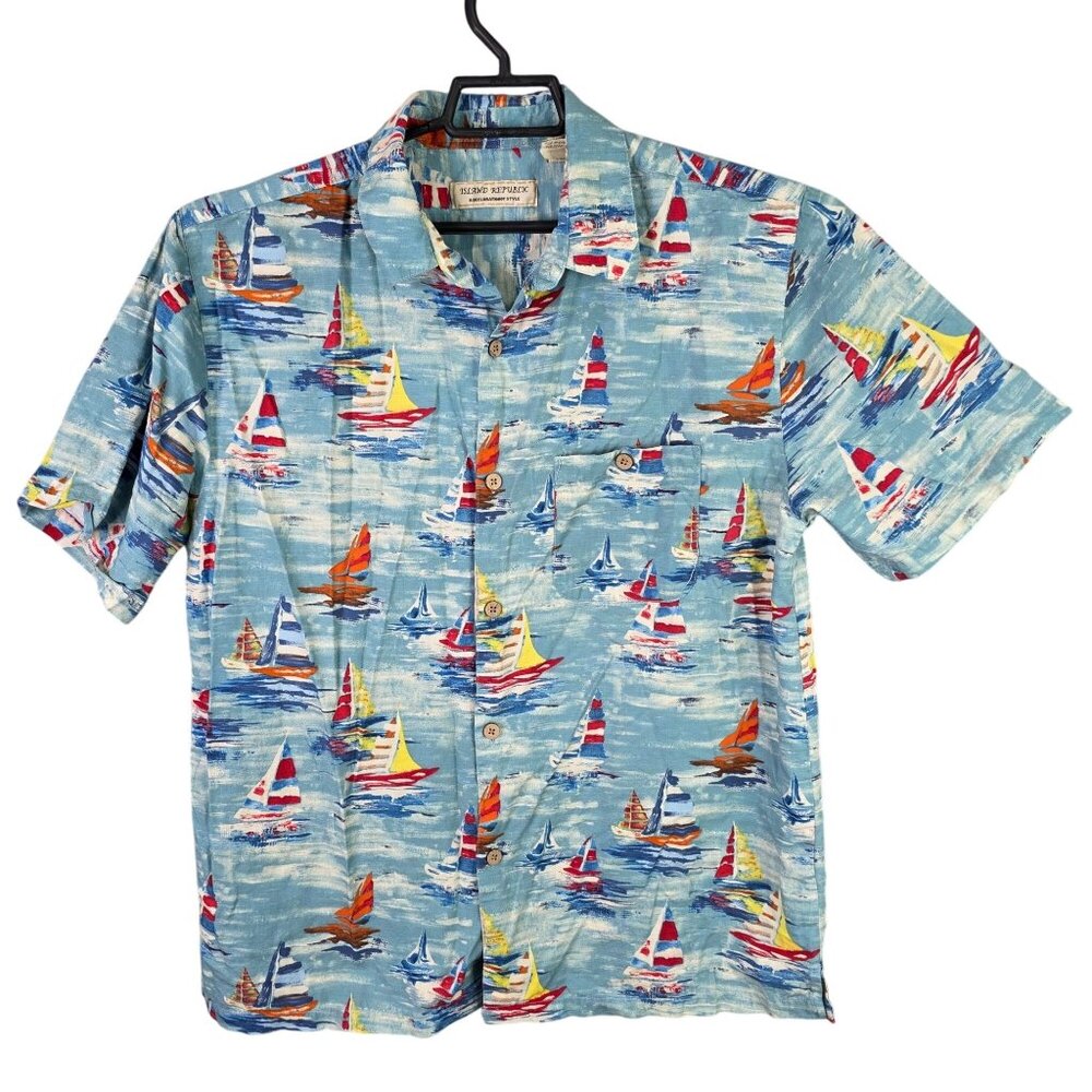 Mens Island Republic Sailboat Print Shirt Short Sleeve Button Up Cotton Rayon L